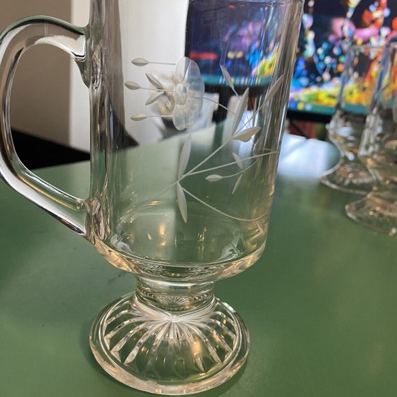 4 Set Princess house Floral Etched footed irish coffee mugs - Picture 7 of 11